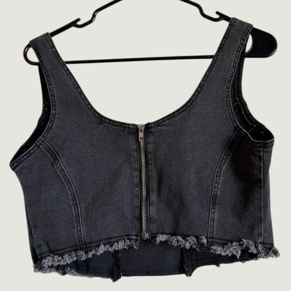 Washed Black Denim Corset Top Frayed Hem Zip Front L Baddie - Picture 2 of 5